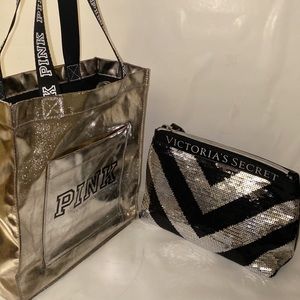 PINK Victoria Secret Silver Tote /Victoria’s Secret Embellished Sequin Wristlet